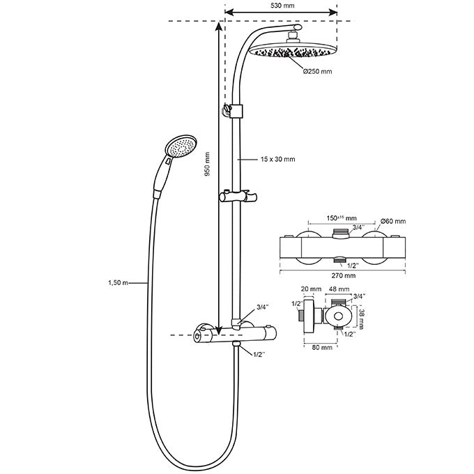 COLONNE DE DOUCHE SIENA COMFORT AVEC MITIGEUR THERMOSTATIQUE EN LAITON AVEC SÉCURITÉ 38°