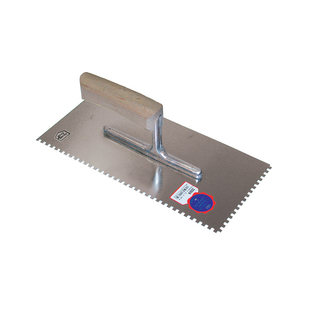 Debrico, magasin de matériaux de construction sur Bruxelles, PLATRESSE DENTELEE 280 X 130 / 12 X 12 / ZG37 AVEC MANCHE EN BOIS COURBE - INOX,