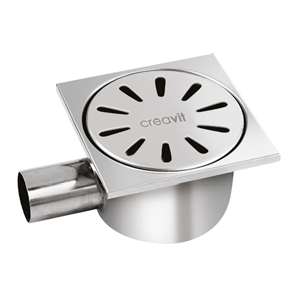 CREAVIT SIPHON DE SOL INOX, CARRÉ SORTIE HORIZONTALE 15 X 15 Ø 50
