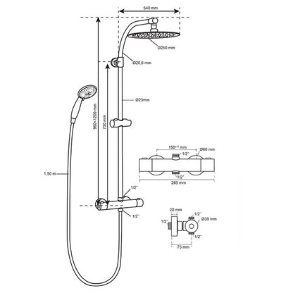 COLONNE DE DOUCHE MILANO COMFORT MITIGEUR THERMOSTATIQUE EN LAITON AVEC SÉCURITÉ 38°