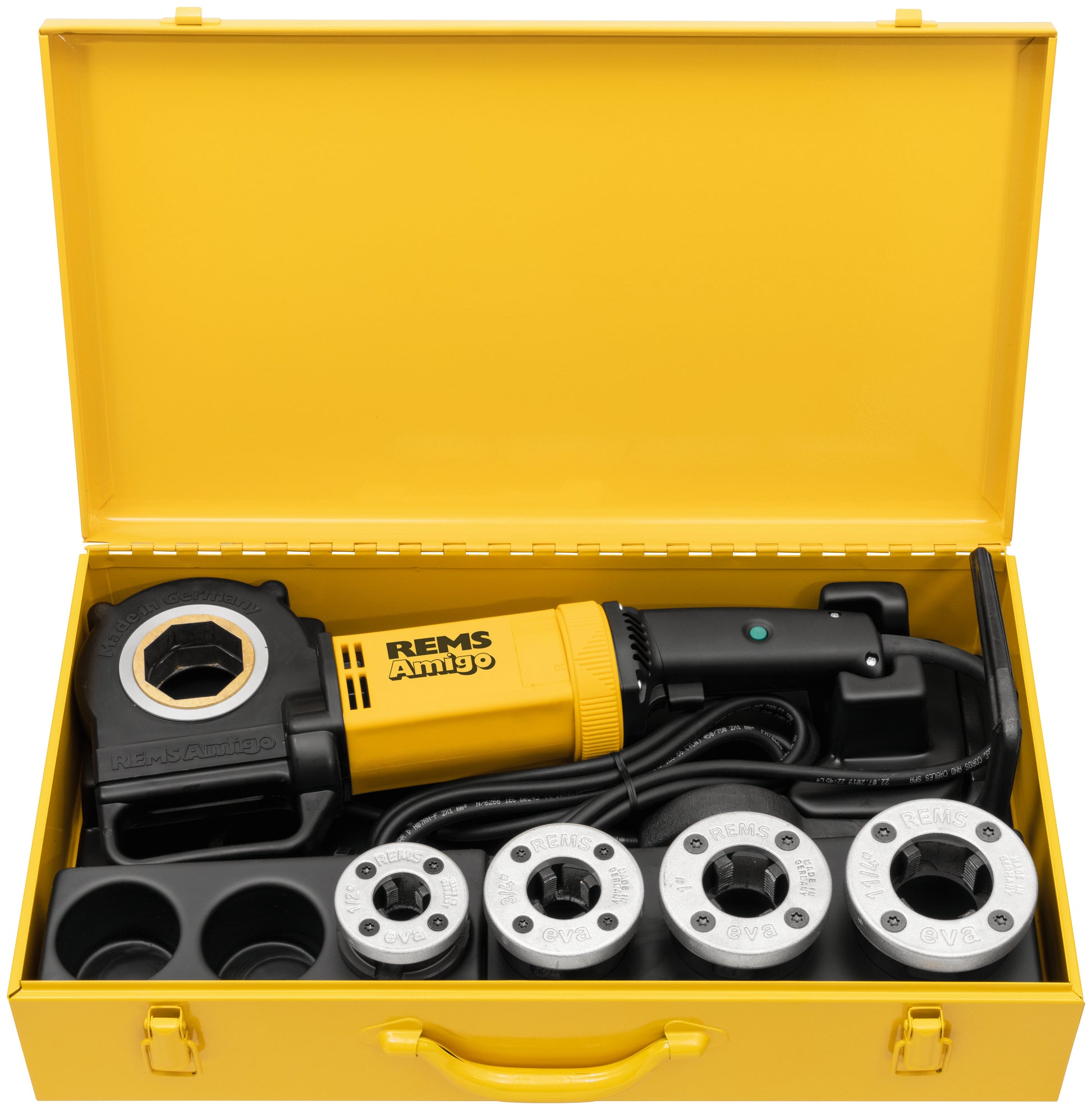 AMIGO SET R 1/2-3/4-1-1 1/4", REMS, Filière électrique pour tubes acier Ø ⅛ – 1.¼, Debrico, Magasin de matériaux de construction sur Bruxelles et Laeken