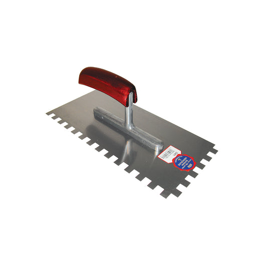 Debrico, magasin de matériaux de construction sur Bruxelles, PLATRESSE DENTELEE 280 X 130 / 6 X 6 MM / ZG18AVEC MANCHE BOIS COURBE - INOX, 