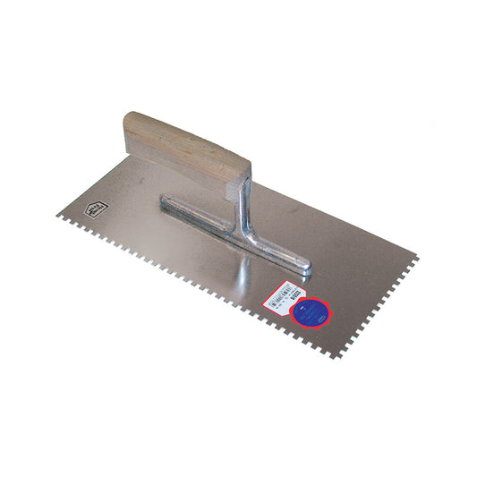 Debrico, magasin de matériaux de construction sur Bruxelles, PLATRESSE DENTELEE  280 X 130 / 10 X 10 / ZG22 AVEC MANCHE EN BOIS COURBE  - INOX, 
