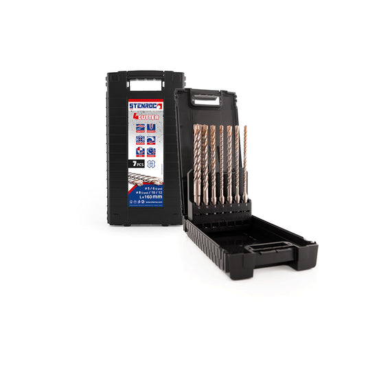 Debrico, magasin de matériaux de construction sur Bruxelles, STENROC SDS-PLUS PREMIUM 4-CUTTER SET , SET 7 PCS. - 160 MM, 