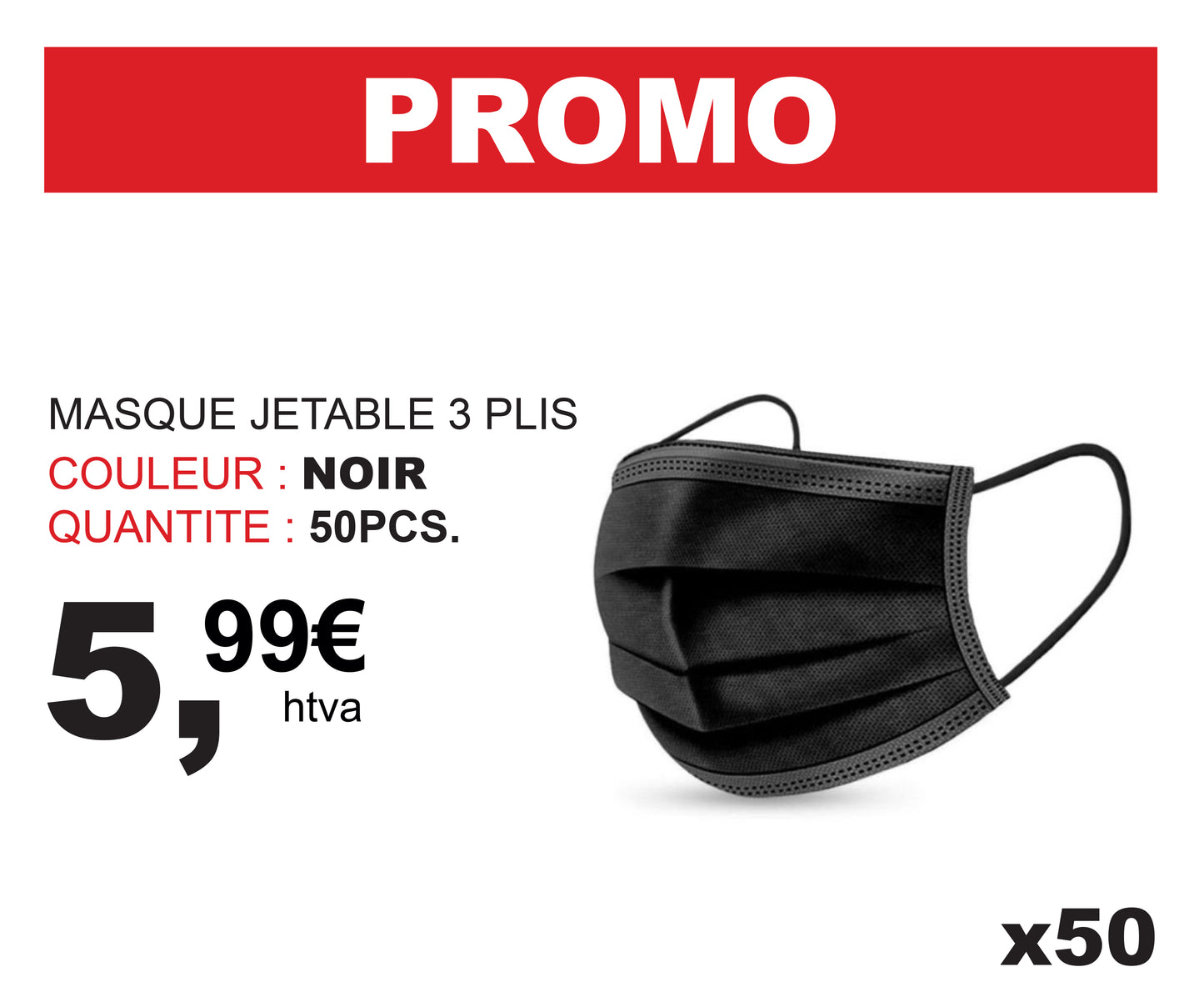 MASQUE JETABLE 3 PLIS 50PCS/PQ